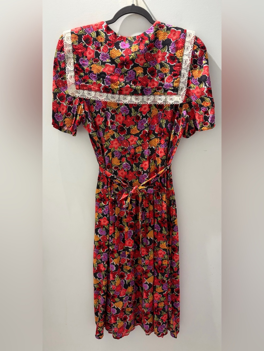 Vintage Jessica Floral Midi Dress Peter Pan Lace Collar Tie Waist Prairie Dress - Picture 5 of 5